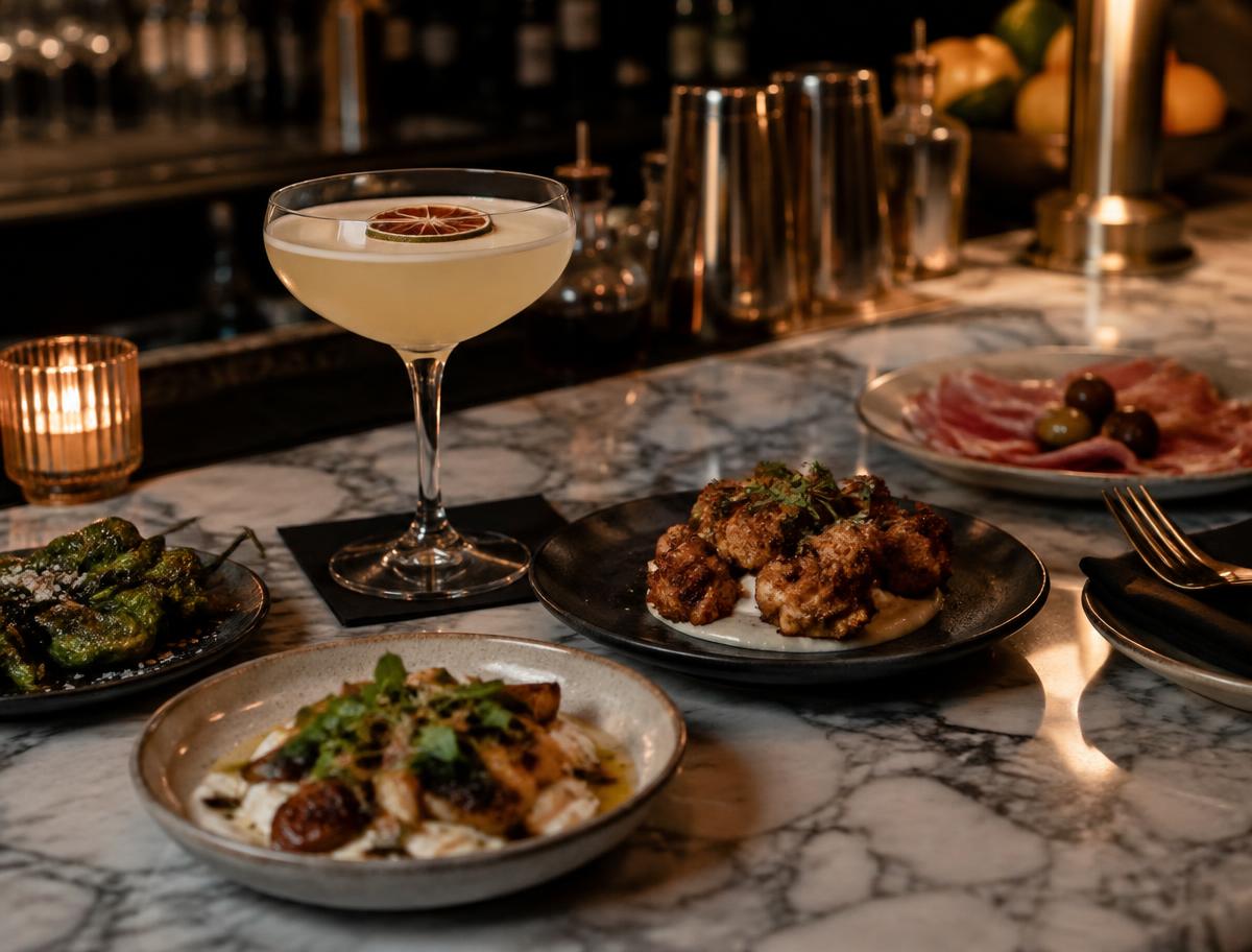Cocktail and small plates on a marble bar