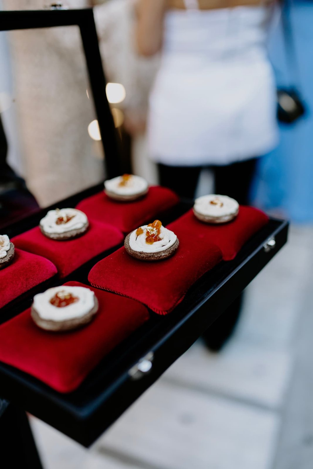 Canapés on red velvet cushions served from a black case